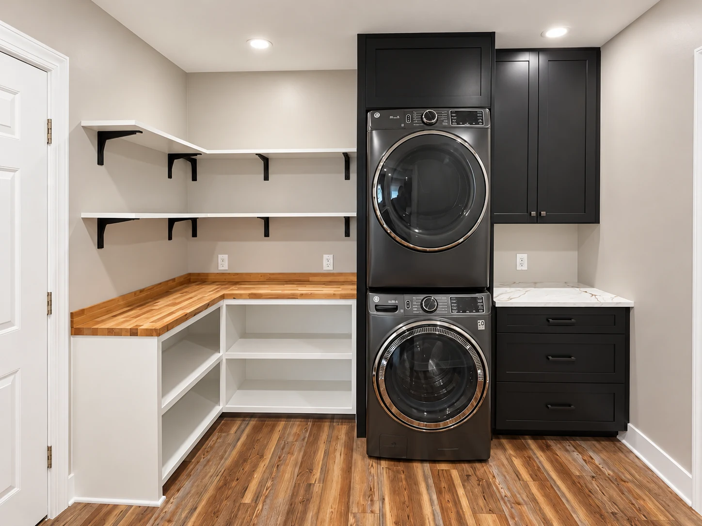 Laundry room with fitted cabinetry, shelving and a wood work surface